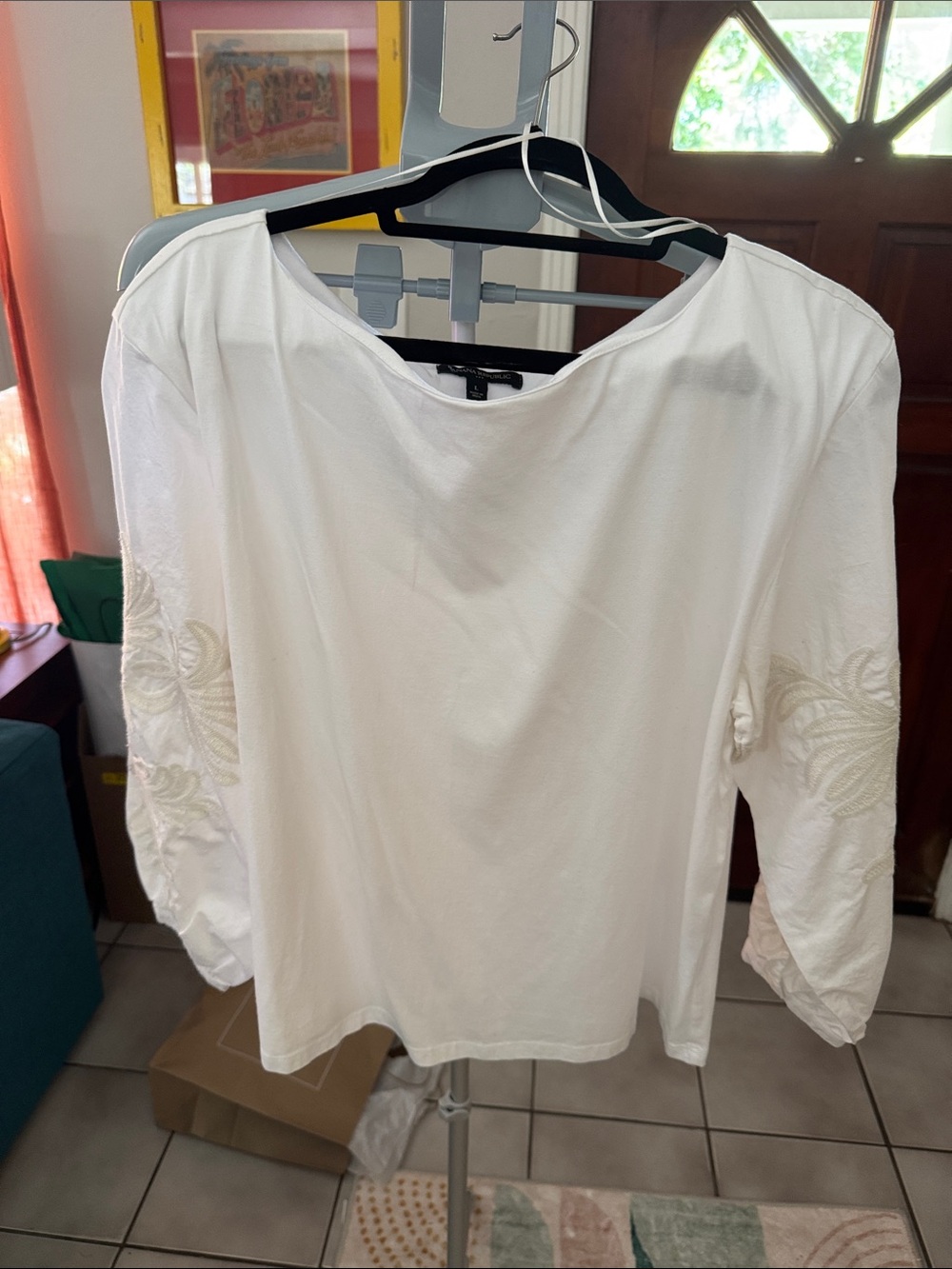 Banana Republic White Embroidered Sleeve Boatneck Top